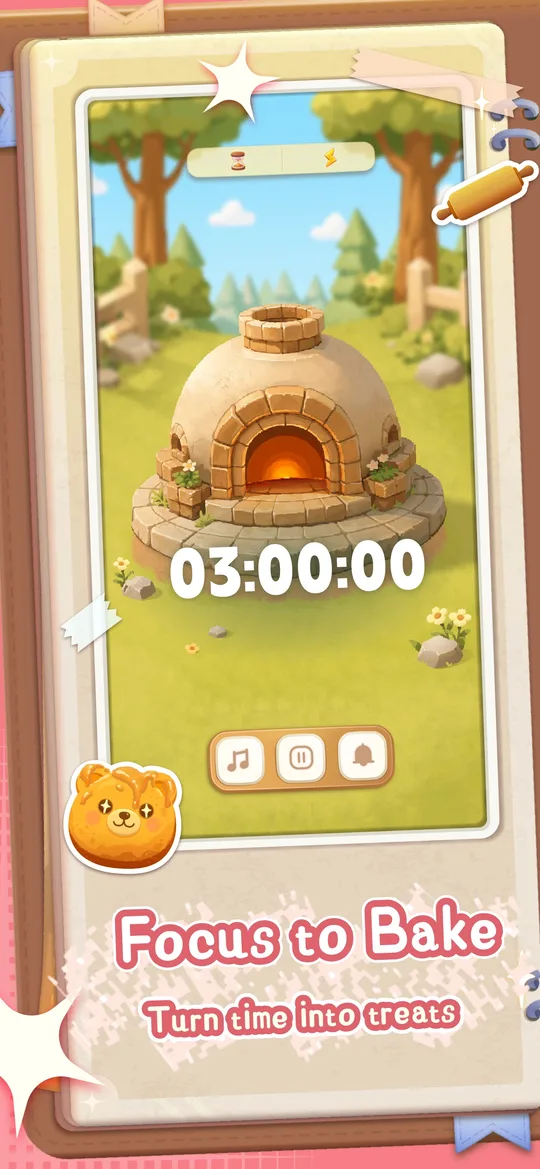 Focus Bakery focus timer with a glowing bread oven in the forest