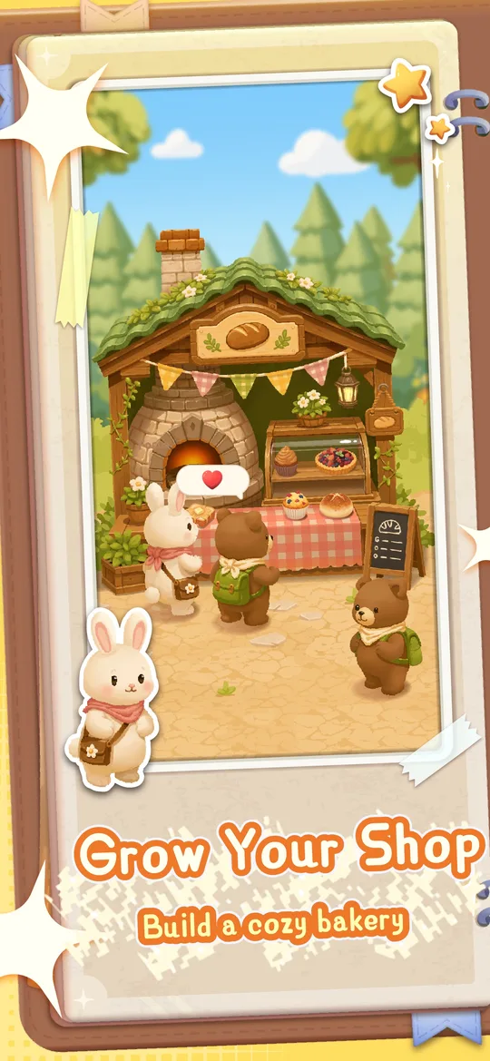 Focus Bakery forest shop with animal customers and baked treats