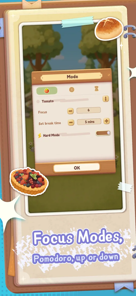 Focus Bakery timer settings and focus modes