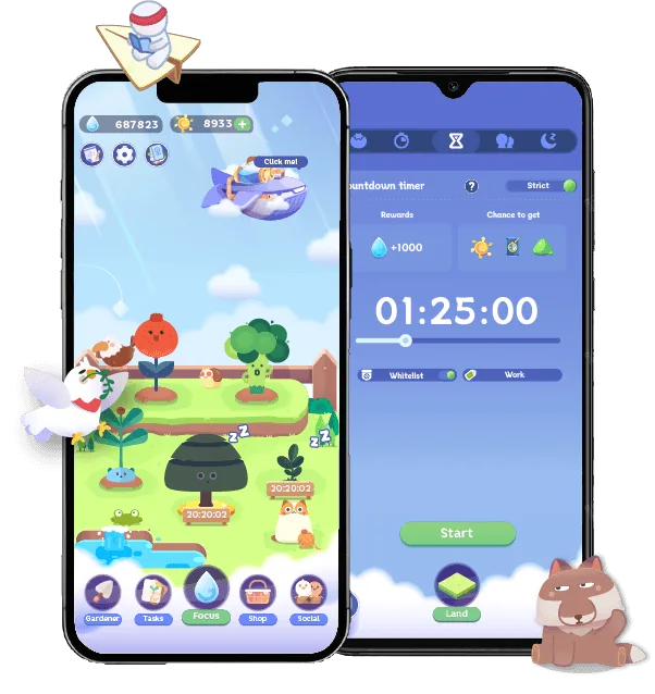 Focus Plant on two phones showing its focus timer and virtual garden