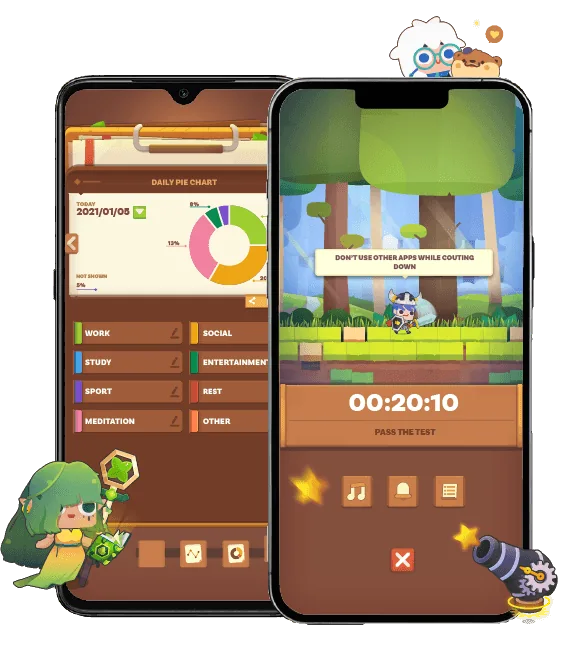 Focus Quest on two phones showing a focus timer and daily focus report