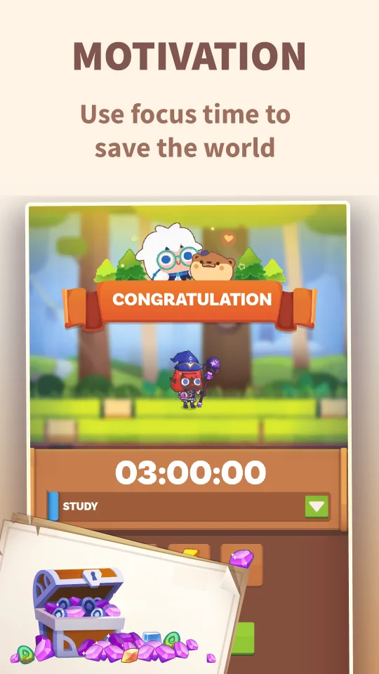 Completed Focus Quest focus session with treasure rewards