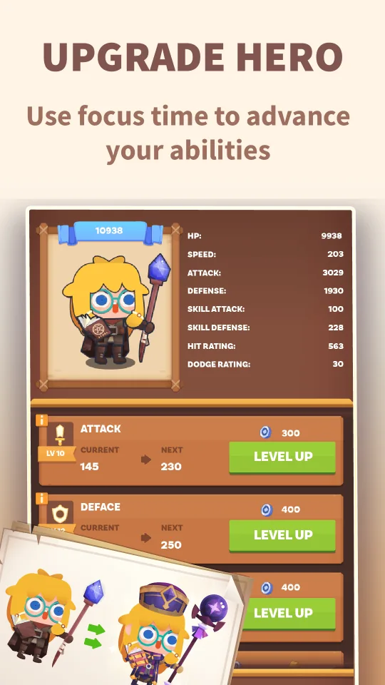 Focus Quest hero upgrade screen with attack and defence levels