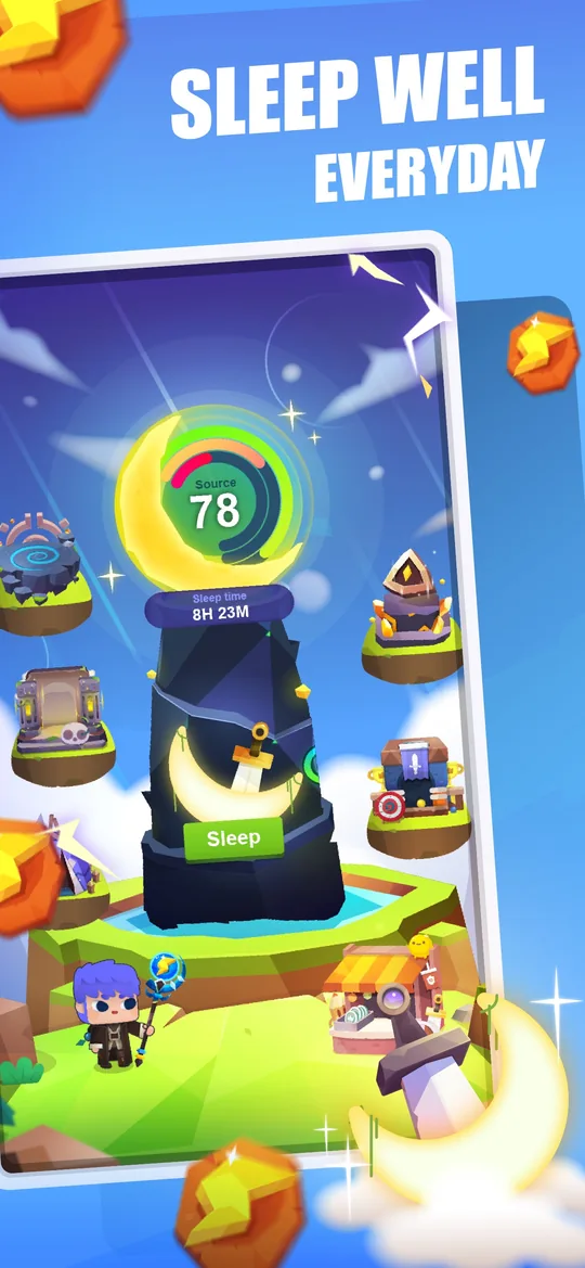 Sleep Hero sleep-time record with a moon monument and floating islands