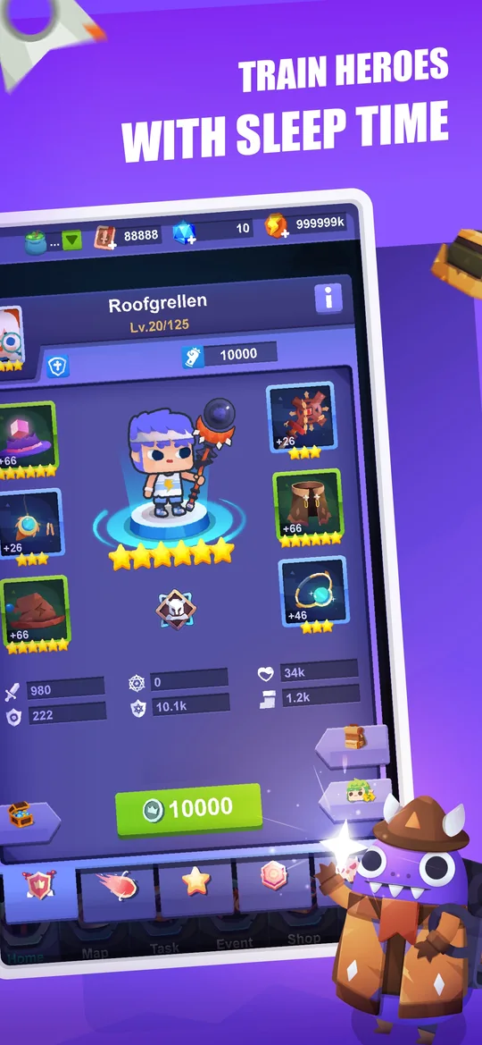 Sleep Hero hero training and equipment upgrades