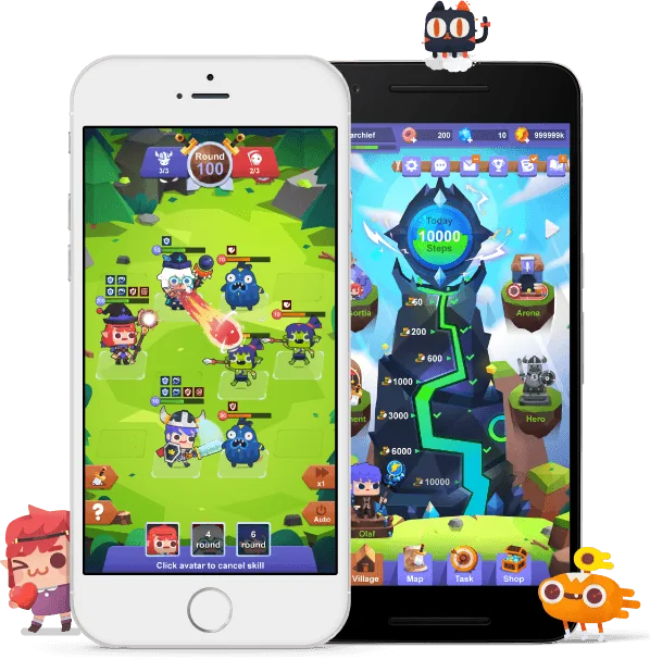 Walking RPG on two phones showing daily step progress and a team of heroes