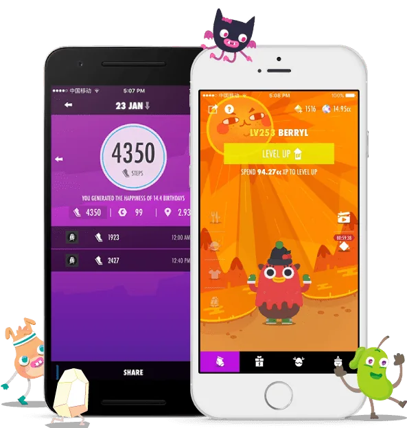 Wokamon on two phones showing virtual creatures and walking activity
